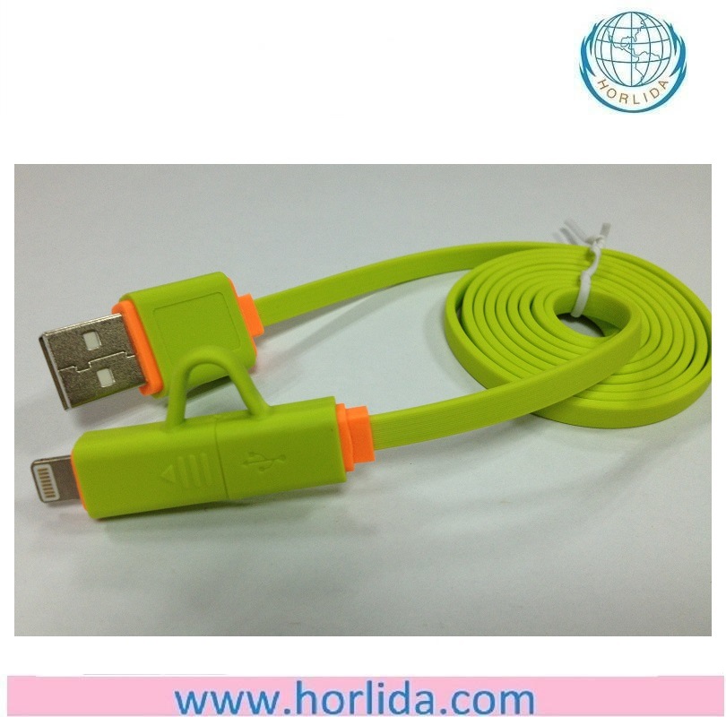 1m Length 2 in 1 TPE Flat USB Cable Charger for iPhone/ Samsung Smartphones