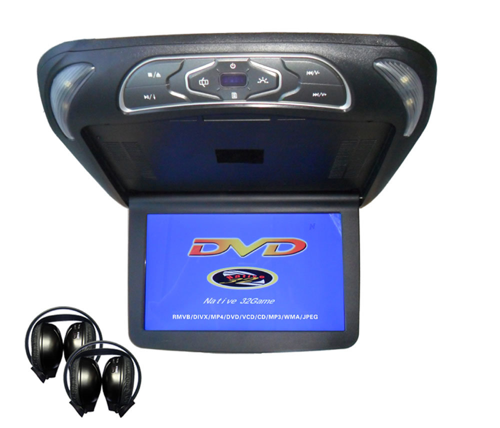 Super Slim 10.2 Inch HD Car Flip Down/Roof Mount DVD Player with USB/SD/IR/FM Transmitter/32bits Games, IR Headphones Included