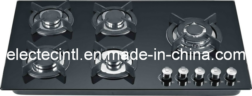 Gas Stove with 5 Burners and Tempered Black Glass Panel, Casst Iron Pan Support and Flame Failure Device for Choice (GH-G915C)