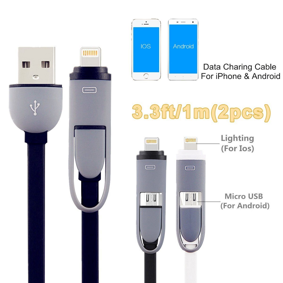 3.3FT Lightning Micro USB Charging Cord for iPhone 6s Plus