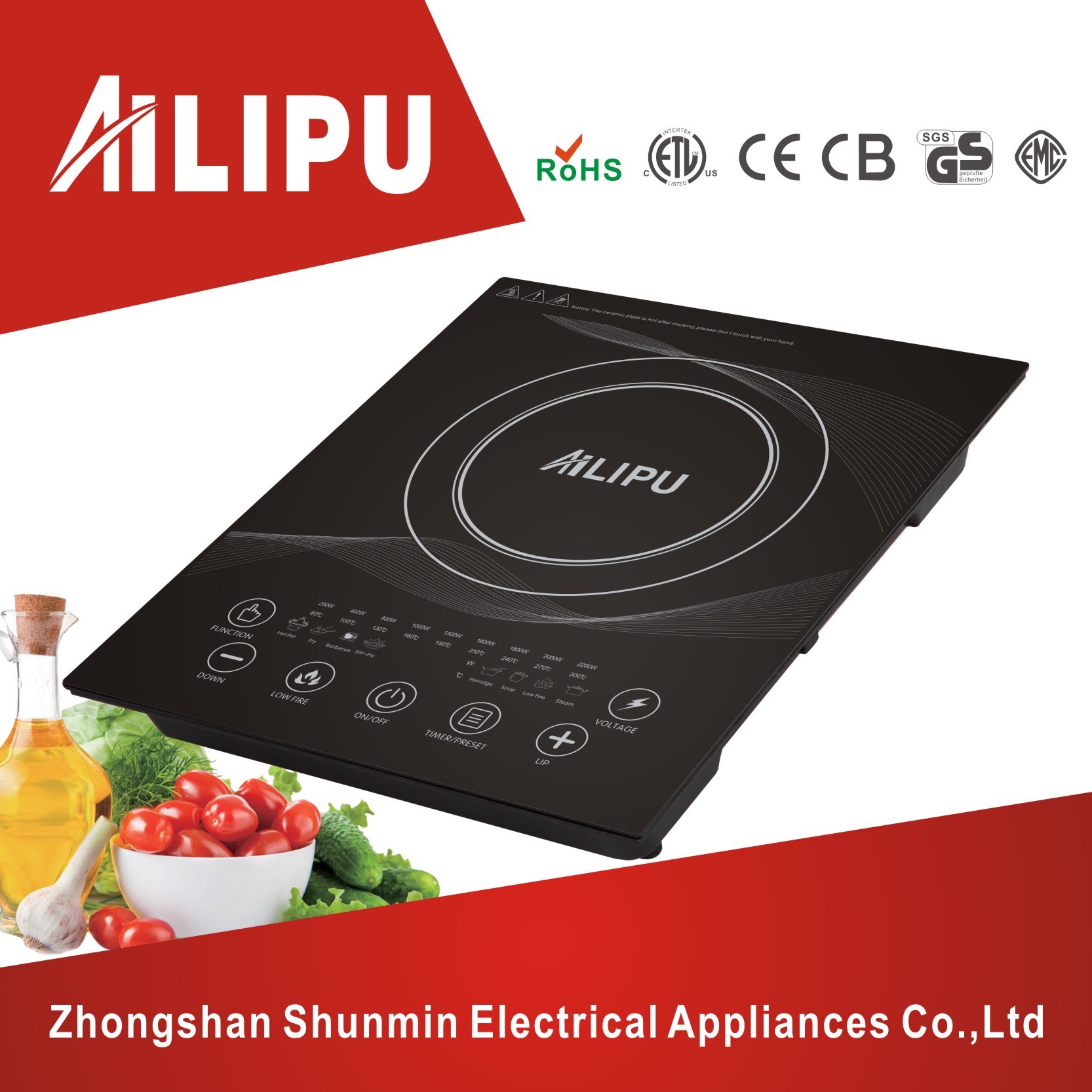 Zhongshan Manufacturer of Big Glass Plate Single Zone Induction Cooker 2200W