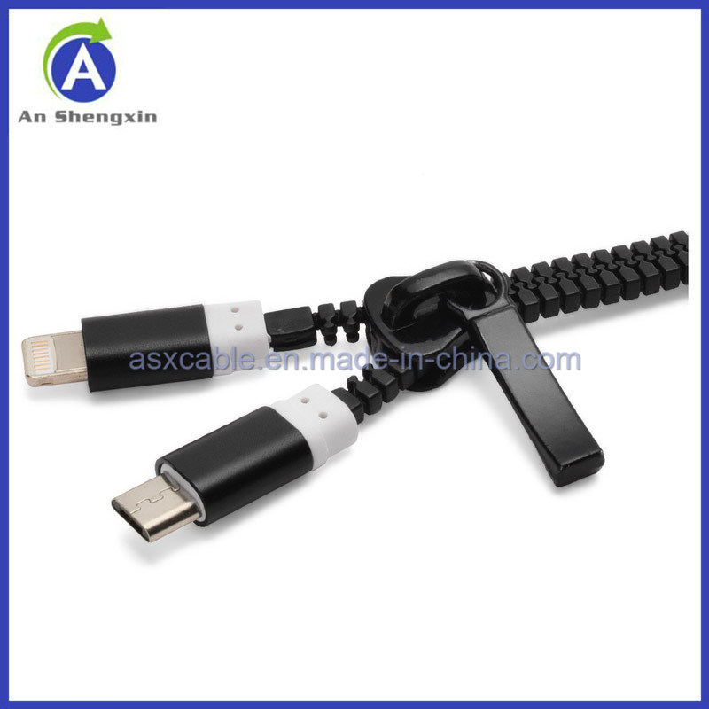 Hot Sell Mobile Phone 2 in 1 Zipper Open Charger Data USB Cable