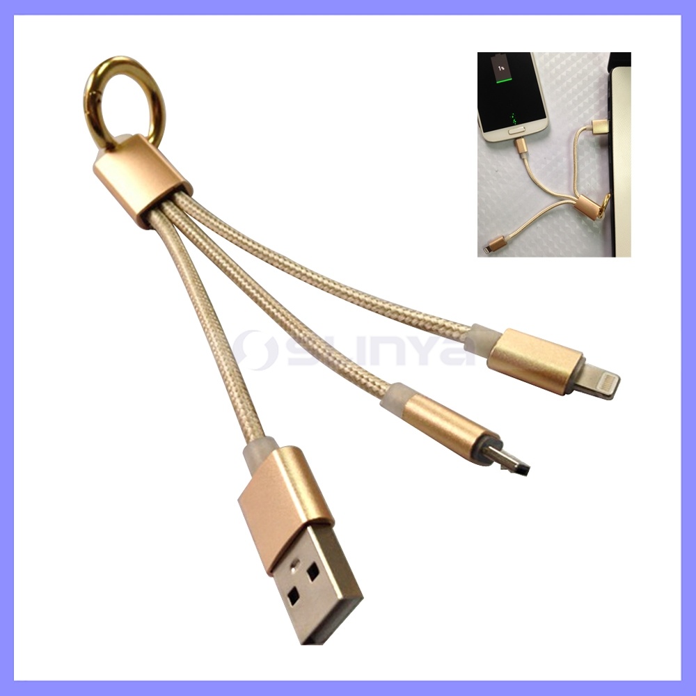High-End 15cm 2 in 1 Cable 8pin + Micro Date Charger Lightning Cable with Keychain for iPhone 6 6 Plus Samsung S7 Edge Note 5