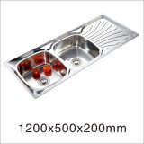 Kitchen Stainless Steel One Stretched Double Bowl Sink (12050YQ-2)
