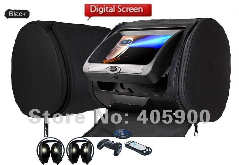 2X7 Inch HD Car Headrest DVD Player with Zipper Cover+32bit Games/SD/USB/IR/FM Transmitter+2 IR Headphone