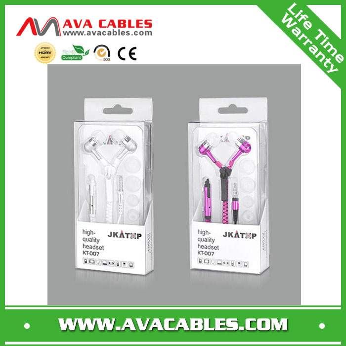 Metal Zipper Earpiece Earbuds Earphone with Retail Package