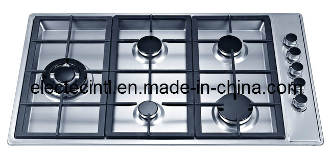 Gas Hob with 5 Burners and Staniless Steel Mat Panel, 1.5V Battery Pulse Ignition, Cast Iron Pan Support (GH-S9145C)