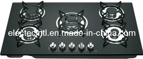 Gas Hob with Five Burners and Tempered Black Glass Panel, Enamel Pan Support (GH-G905E)