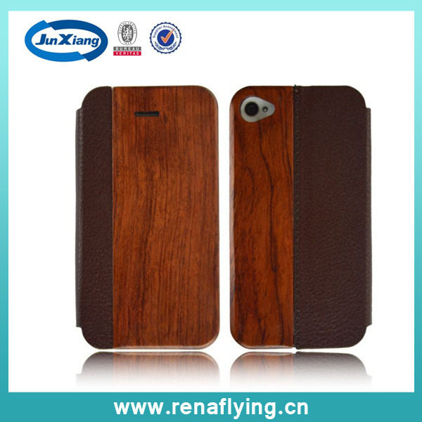 Wholesale Hybrid PU and Wooden Mobile Phone Case for iPhone 4