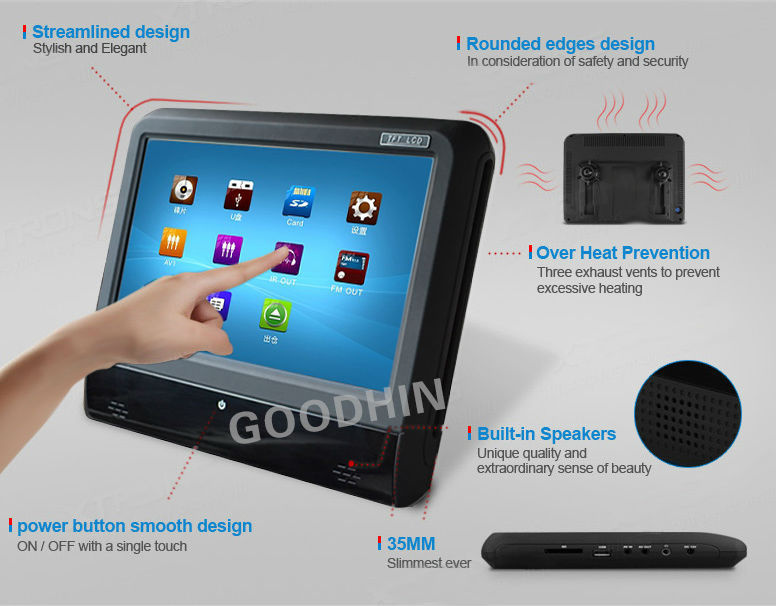 DIY Install 2014 New 9 Inch HD Touch Screen Active Car Headrest DVD Player with Games/USB/SD/IR/FM Transmitter+Bracket