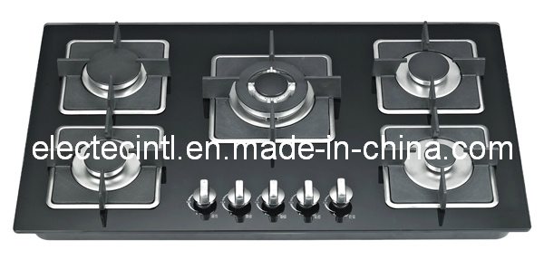 Gas Stove with 5 Burners and Tempered Black Glass Panel, Stainless Steel Water Tray and Flame Failour Device for Choice (GH-G925C)